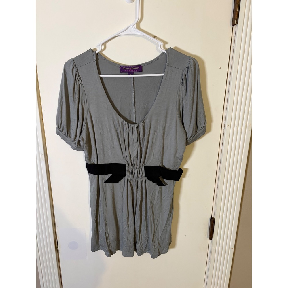 Carson Kressley Perfect Sage Gray Empire Waist Tunic‎ Top with Black Bows Size M